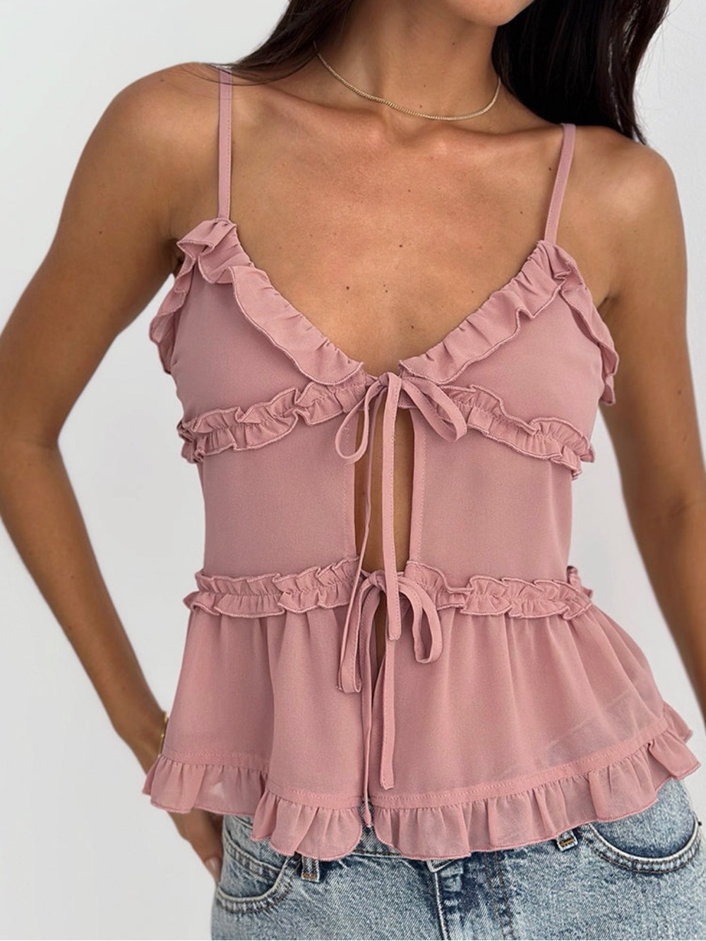 Motel Rocks Raeya Tie Front Cami Top in Chiffon Pink